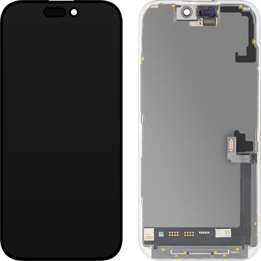 MP Touchscreen-display kompatibel med Apple iPhone 17, med ram, Soft OLED FHD 120Hz IC flyttbar version, svart