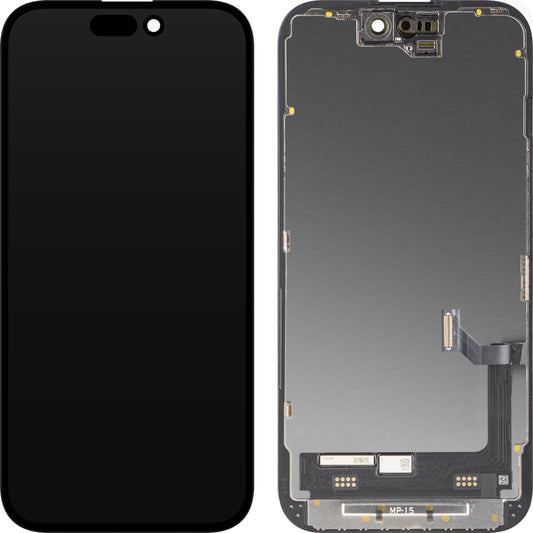 MP Touchscreen-display kompatibelt med Apple iPhone 15, med ram, Premium Soft OLED FHD 120Hz Diagnostic-version, svart