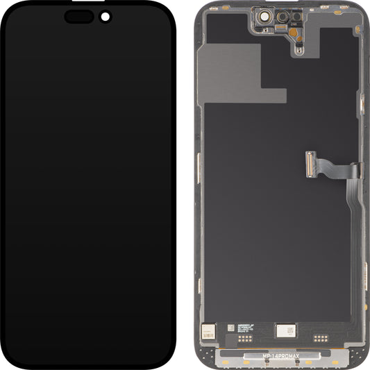 MP Touchscreen-display kompatibelt med Apple iPhone 14 Pro Max, med ram, Premium Soft OLED FHD 120Hz Diagnostic-version, svart