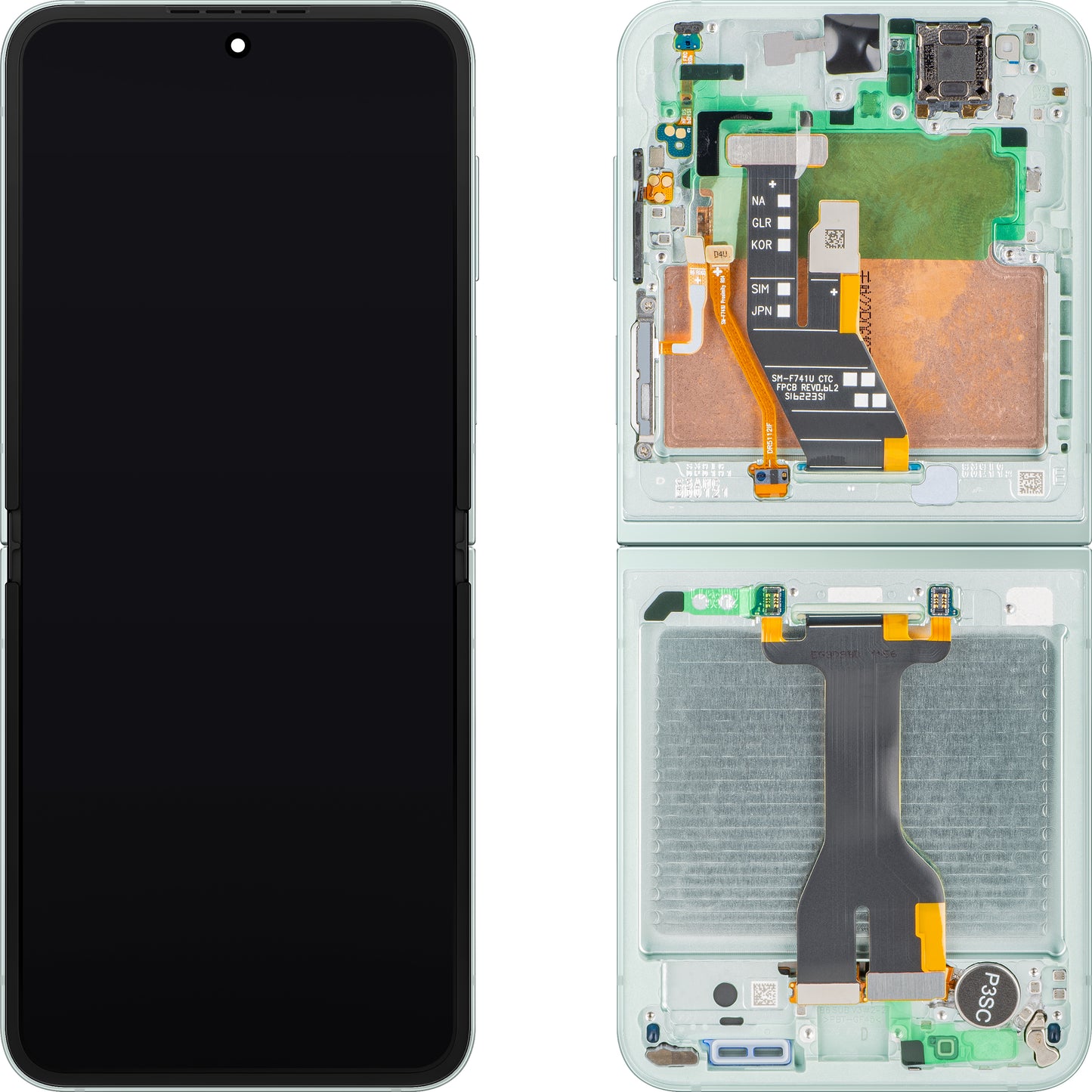 Display med Touchscreen Samsung Galaxy Z Flip6 F741, med Ram, Under Inner, Grön (Mint), Service Pack GH82-35014D