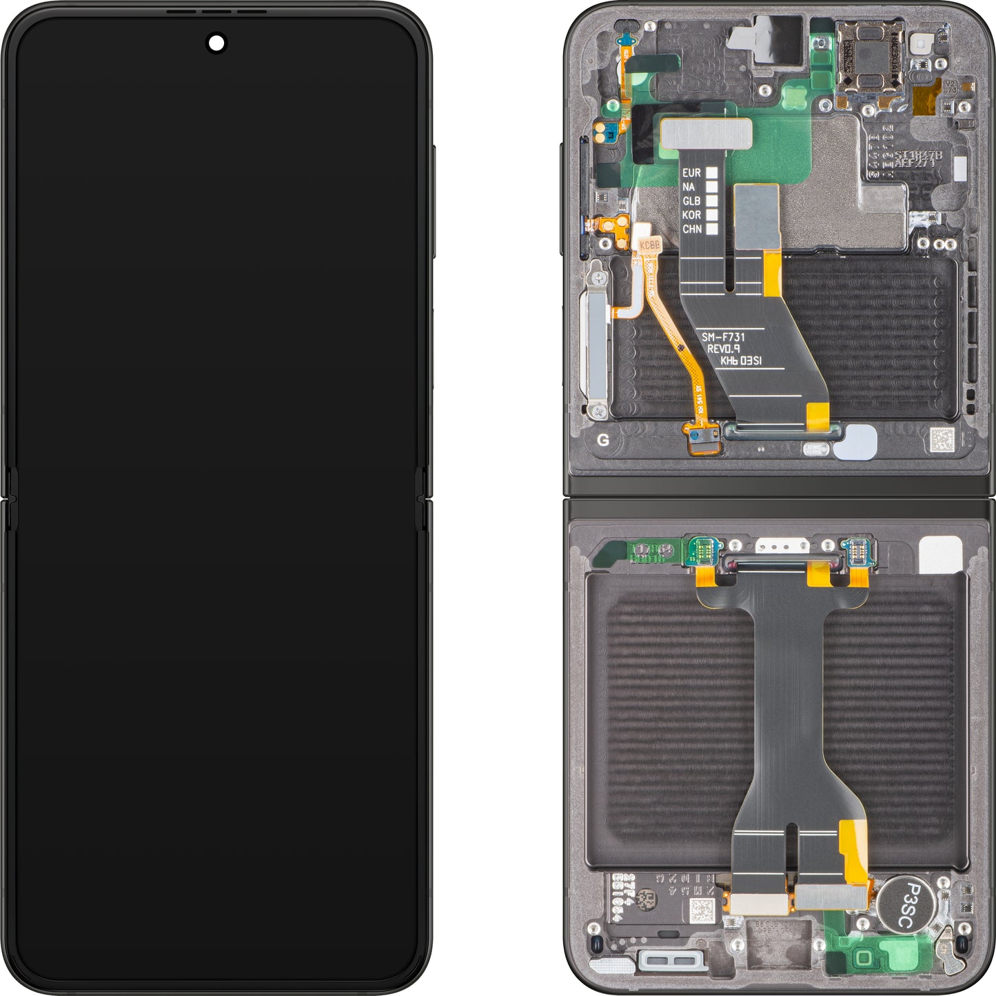 Display med Touchscreen Samsung Galaxy Z Flip5 F731, med Ram, Under Inner, Grå, Service Pack GH82-31827E