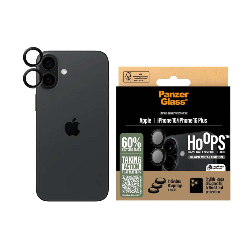 Skyddsfilm för bakre kameran PanzerGlass Hoops för Apple iPhone 16 Plus / 16, Härdat glas, Svart