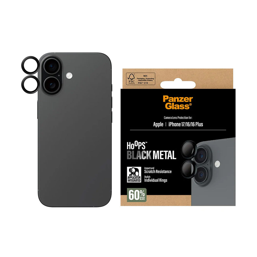 Skyddsfilm för bakre kameran PanzerGlass Hoops för Apple iPhone 17 / 16 Plus / 16, Härdat glas, Svart