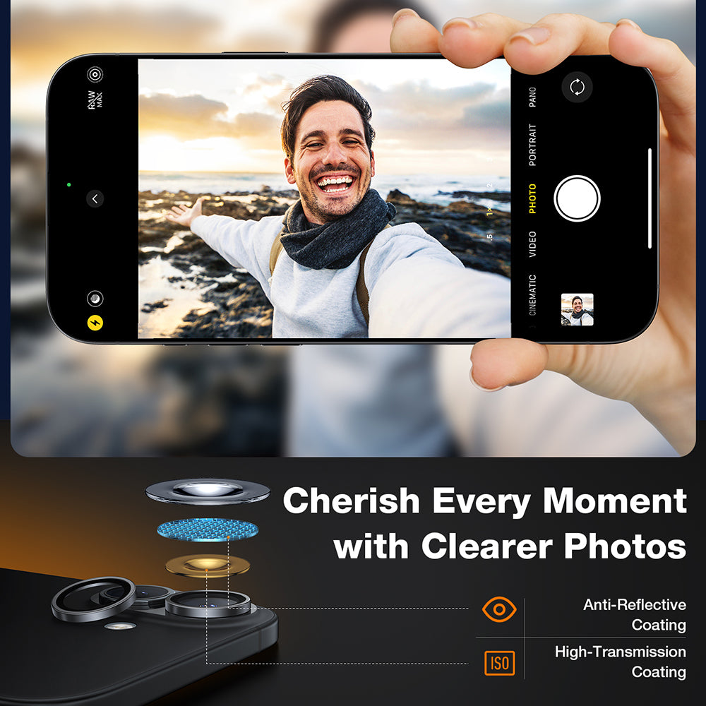 Skyddsfilm för bakre kamera Torras Lensguard för Apple iPhone 16 Plus / 16, Härdat glas, Svart