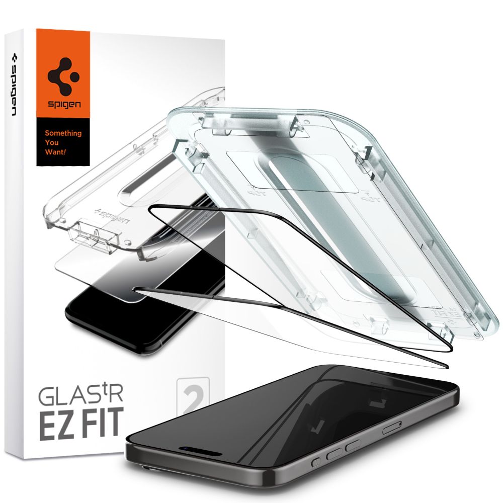Skärmskydd Spigen GlastR EZ FIT för Apple iPhone 15 Pro, Härdat Glas, Full Lim, Set om 2 stycken, Svart AGL06893