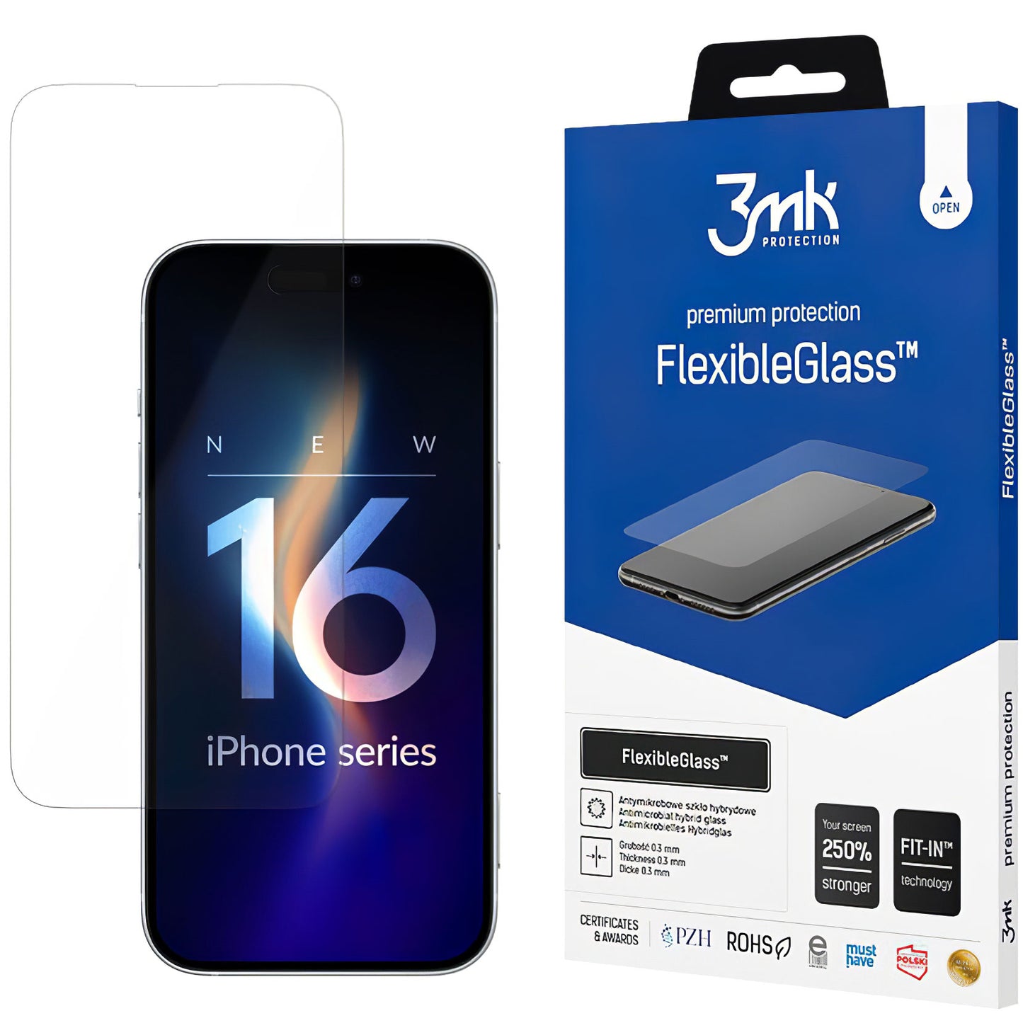 Skärmskydd 3MK FlexibleGlass för Apple iPhone 16, Flexibelt Glas, Fullt Lim