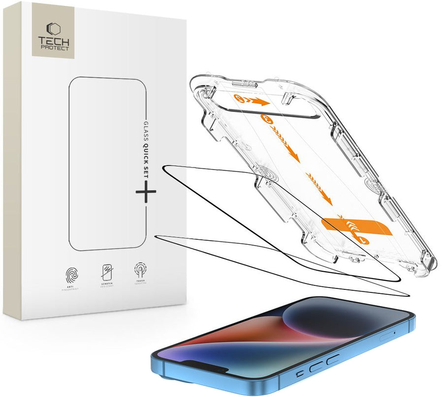 Skärmskydd Tech-Protect Quick Set+ för Apple iPhone 17e / 16e / 14 / 13 Pro, Härdat Glas, Full Lim, Set med 2 stycken, Svart