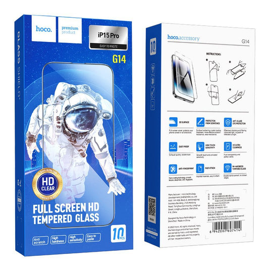 Skärmskydd HOCO G14 för Apple iPhone 15 Pro, Härdat Glas, Full Lim, Set med 10 stycken, 5D, Svart