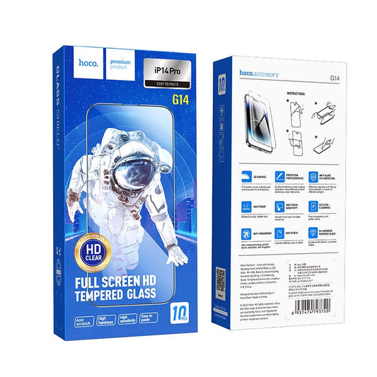 Skyddsfilm HOCO för Apple iPhone 14 Pro, Härdat Glas, Full Lim, Set med 10 stycken, Svart