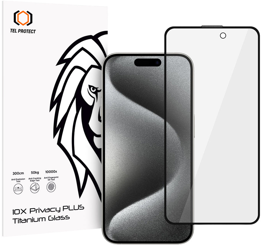 Tel Protect 10X Plus Titanium integritetsskyddande skärmskydd för Apple iPhone 17 / 16 Pro, härdat glas, helhäftande