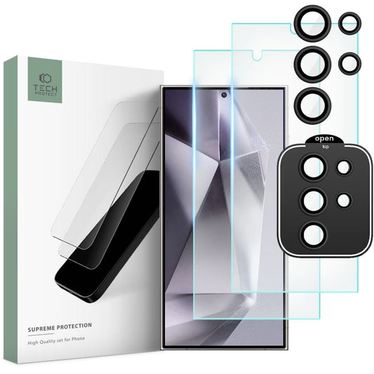 Tech-Protect Supreme Skyddsfilm för bakre skärm och kamera för Samsung Galaxy S24 Ultra S928, glasskyddad, full limning, set 3 delar, 2,5D