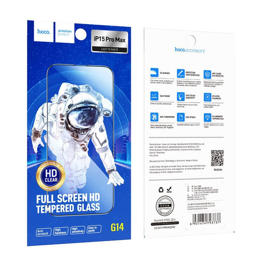Skärmskydd HOCO G14 för Apple iPhone 15 Pro Max, Härdat Glas, Full Lim, Set med 10 stycken, 5D, Svart