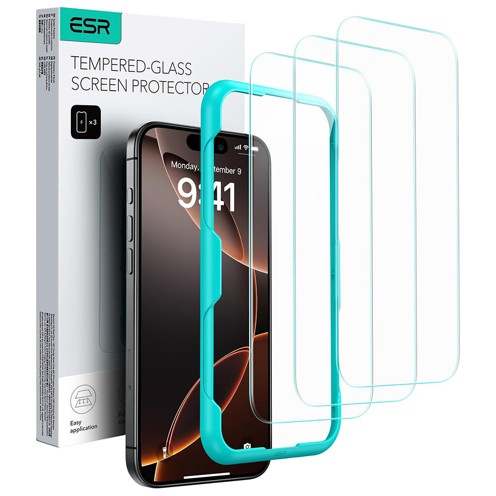 Skärmskydd ESR för Apple iPhone 17 / 16 Pro, Härdat Glas, Full Lim, Set om 3 stycken, Svart