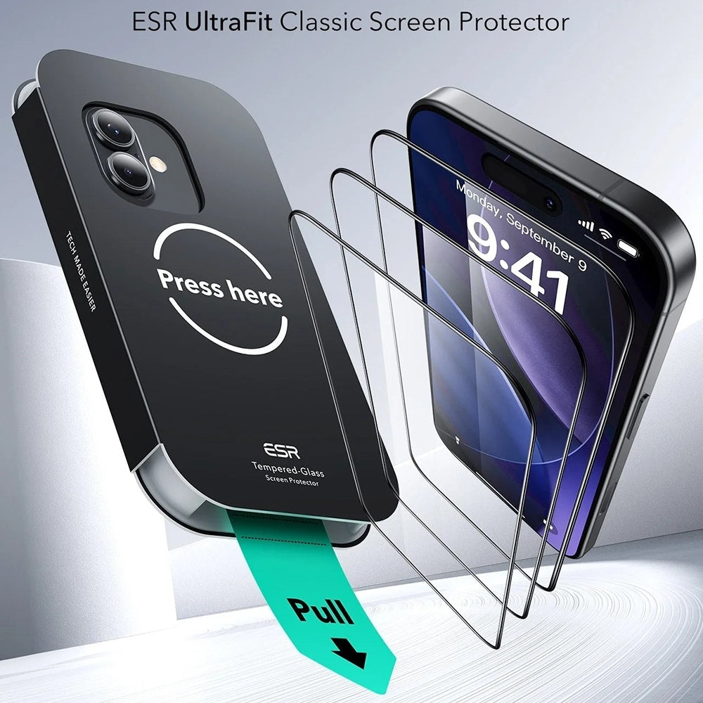 Skärmskydd ESR UltraFit för Apple iPhone 17 / 16 Pro, Härdat Glas, Full Lim, Set om 3 stycken
