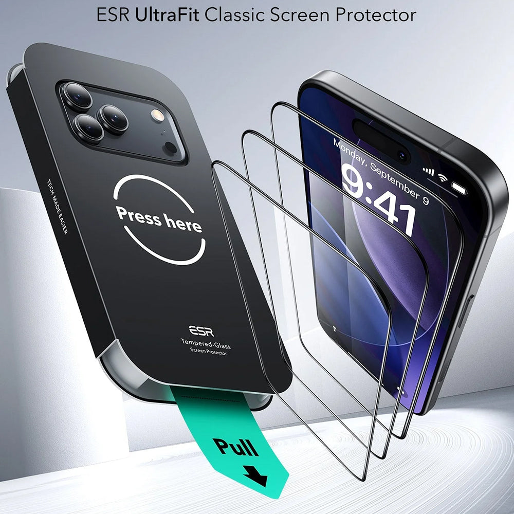 Skärmskydd ESR UltraFit för Apple iPhone 17 Pro, Härdat Glas, Full Lim, Set om 3 stycken