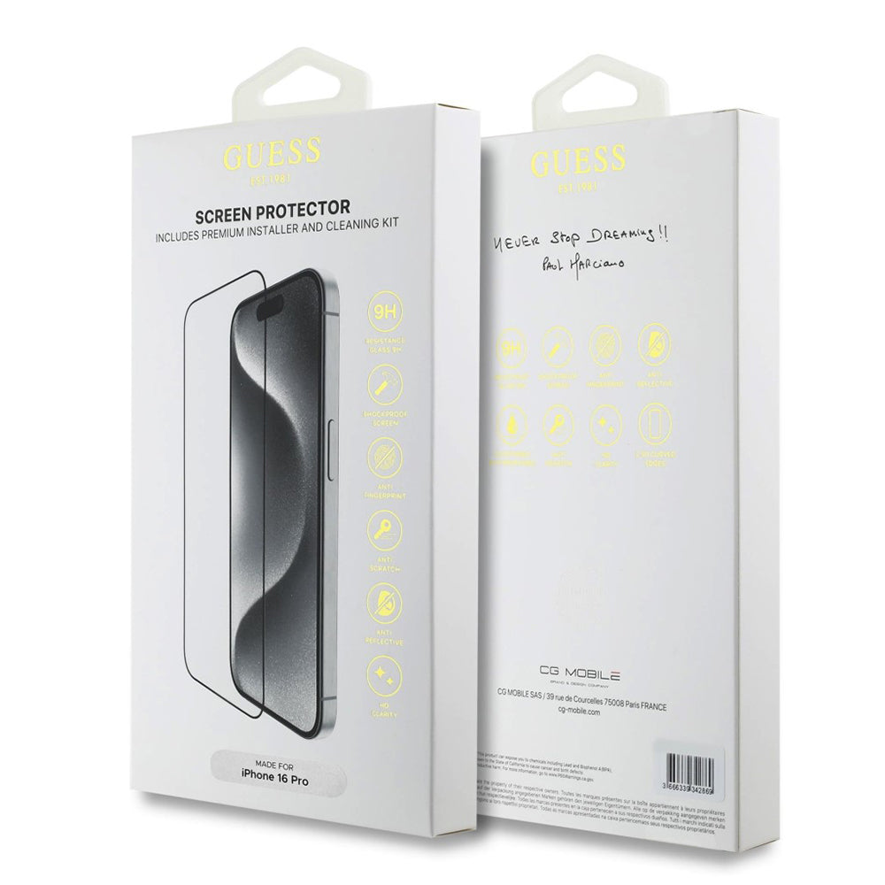 Guess Classic Outline Screen Protector for Apple iPhone 16 Pro, Tempered Glass, Full Glue, 2.5D, Black