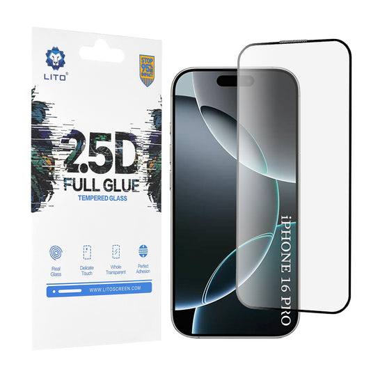 Skyddsfilm Lito för Apple iPhone 17 / 16 Pro, Härdat Glas, Full Glue, 2.5D, Svart