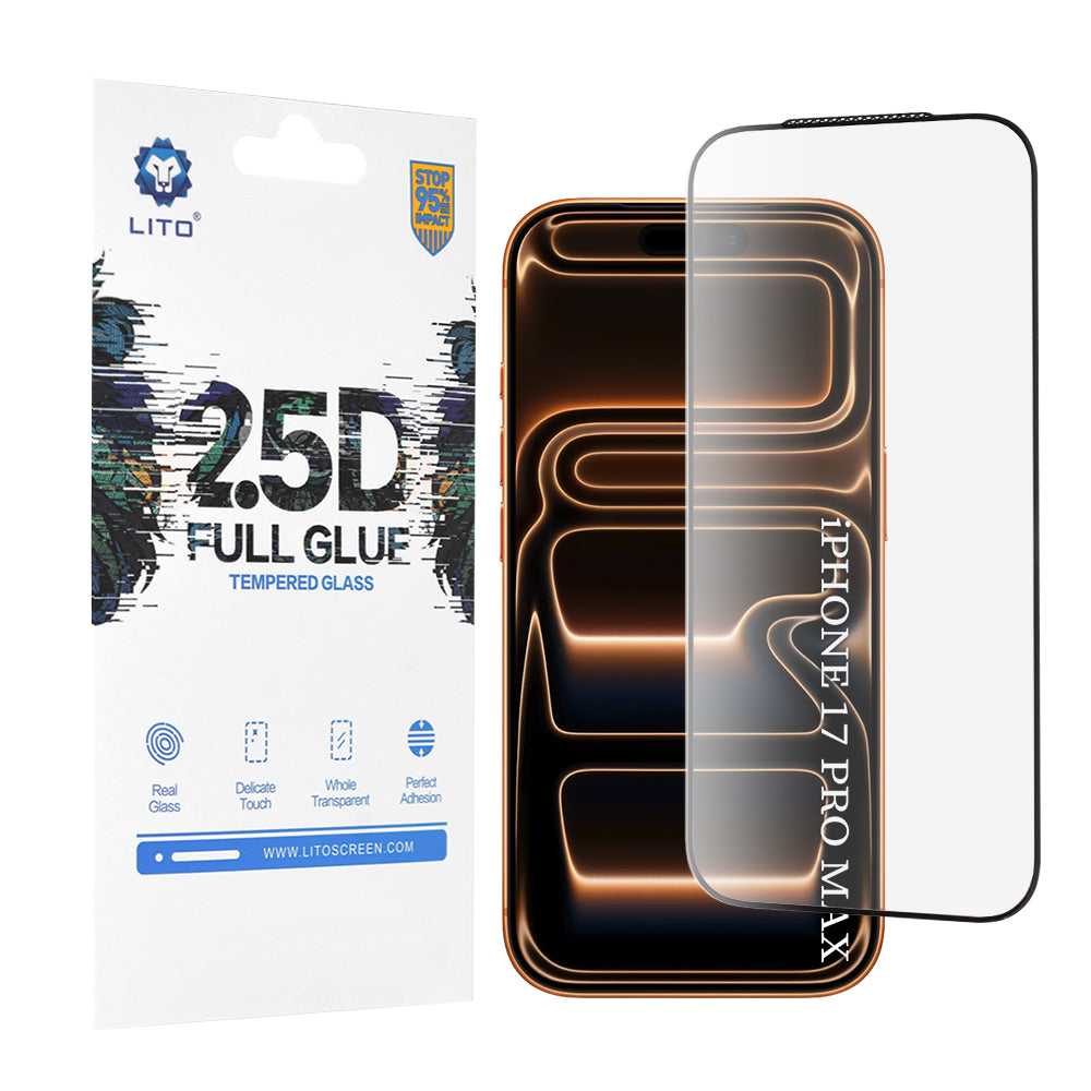 Lito Screen Protector for Apple iPhone 17 Pro Max, Tempered Glass, Full Glue, 2.5D, Black