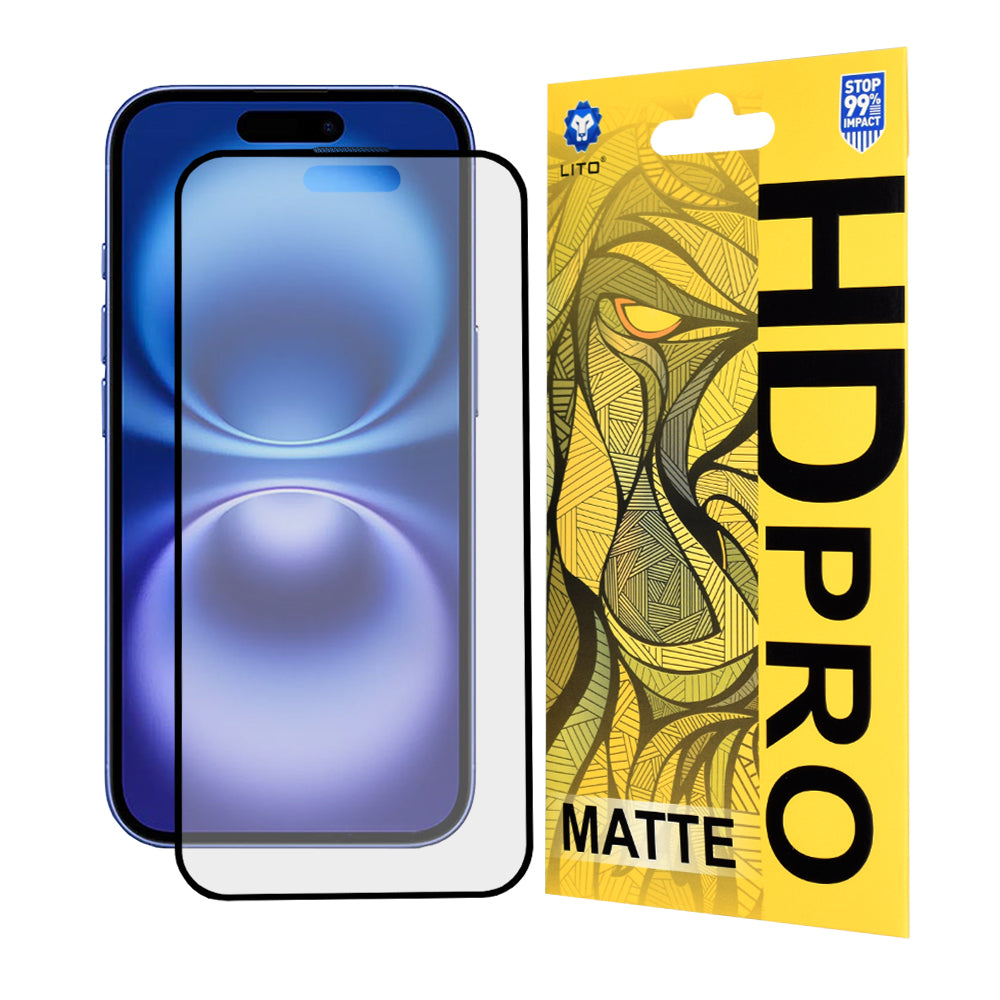 Matte Screen Protector Lito HD Pro for Apple iPhone 16, Tempered Glass, Full Glue, Black
