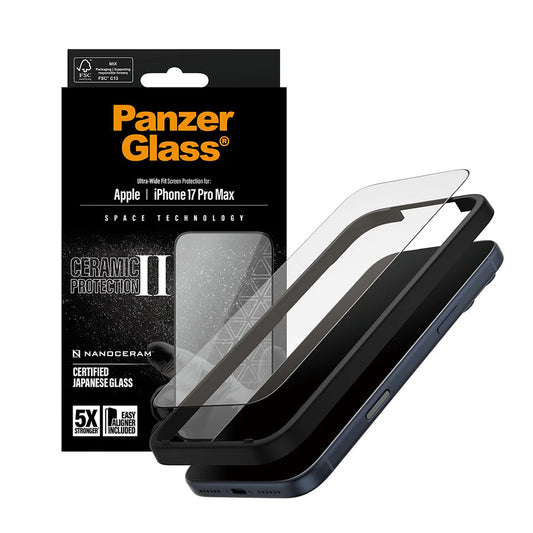 Skyddsfilm PanzerGlass Ultra-Wide Ceramic II EasyAligner för Apple iPhone 17 Pro Max, Härdat Glas, Full Lim, Svart