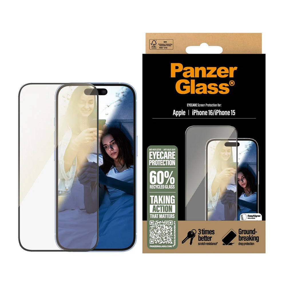 Skyddsfilm PanzerGlass Ultra-Wide Fit EyeCare för Apple iPhone 16 / 15, Härdat Glas, Full Lim, Svart