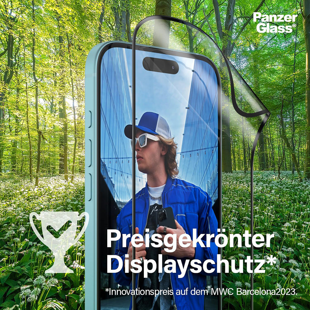 Skyddsfilm PanzerGlass Ultra-Wide Fit EyeCare för Apple iPhone 16 / 15, Härdat Glas, Full Lim, Svart