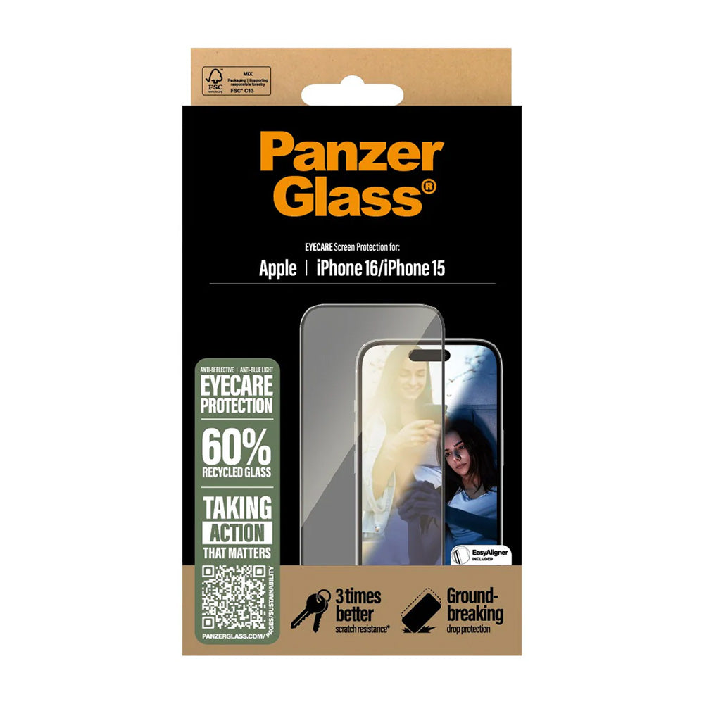 Skyddsfilm PanzerGlass Ultra-Wide Fit EyeCare för Apple iPhone 16 / 15, Härdat Glas, Full Lim, Svart