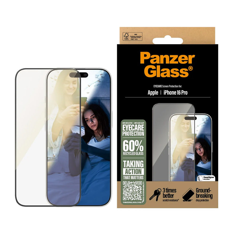 Skyddsfilm PanzerGlass Ultra-Wide Fit EyeCare för Apple iPhone 16 Pro, Härdat Glas, Full Lim, Svart