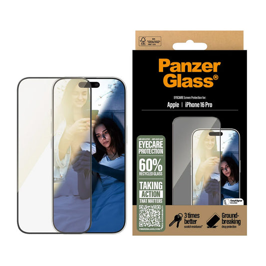 Skyddsfilm PanzerGlass Ultra-Wide Fit EyeCare för Apple iPhone 16 Pro, Härdat Glas, Full Lim, Svart