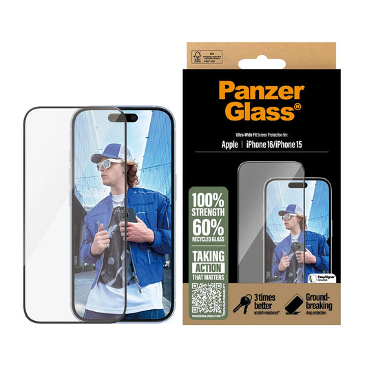 Skyddsfilm PanzerGlass Ultra-Wide Fit för Apple iPhone 16 / 15, Härdat Glas, Full Lim, Svart