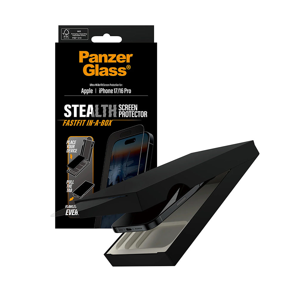 Skyddsfilm för skärm PanzerGlass Ultra-Wide Fit Stealth Fastfit för Apple iPhone 17 / 16 Pro, Härdat Glas, Full Lim, Svart