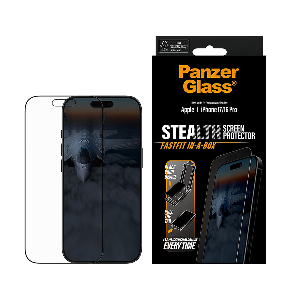 Skyddsfilm för skärm PanzerGlass Ultra-Wide Fit Stealth Fastfit för Apple iPhone 17 / 16 Pro, Härdat Glas, Full Lim, Svart