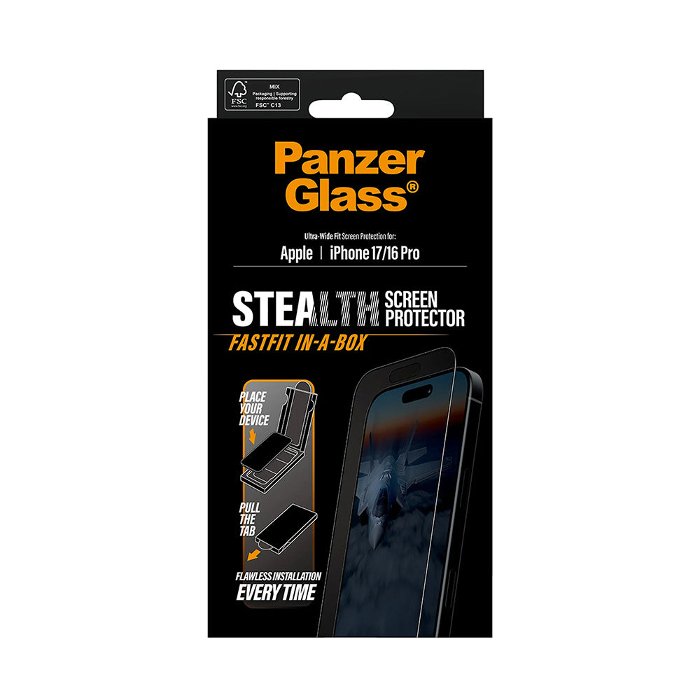 Skyddsfilm för skärm PanzerGlass Ultra-Wide Fit Stealth Fastfit för Apple iPhone 17 / 16 Pro, Härdat Glas, Full Lim, Svart