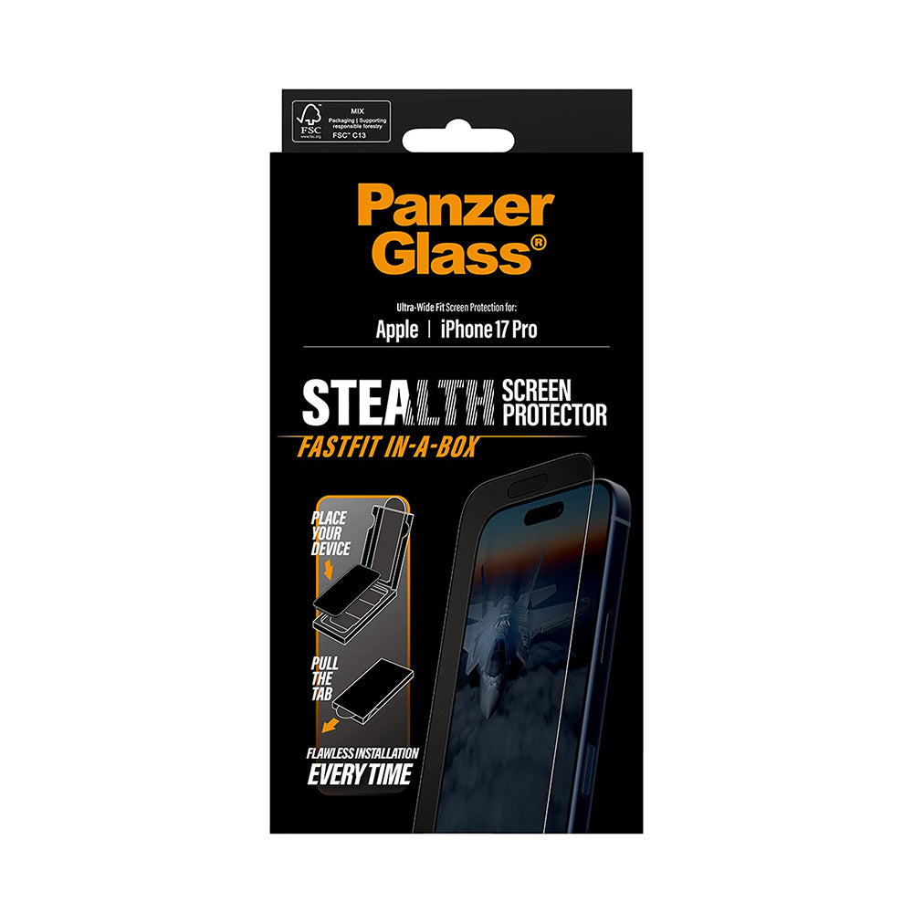 Skyddsfilm för skärm PanzerGlass Ultra-Wide Fit Stealth Fastfit för Apple iPhone 17 Pro, Härdat Glas, Full Lim, Svart