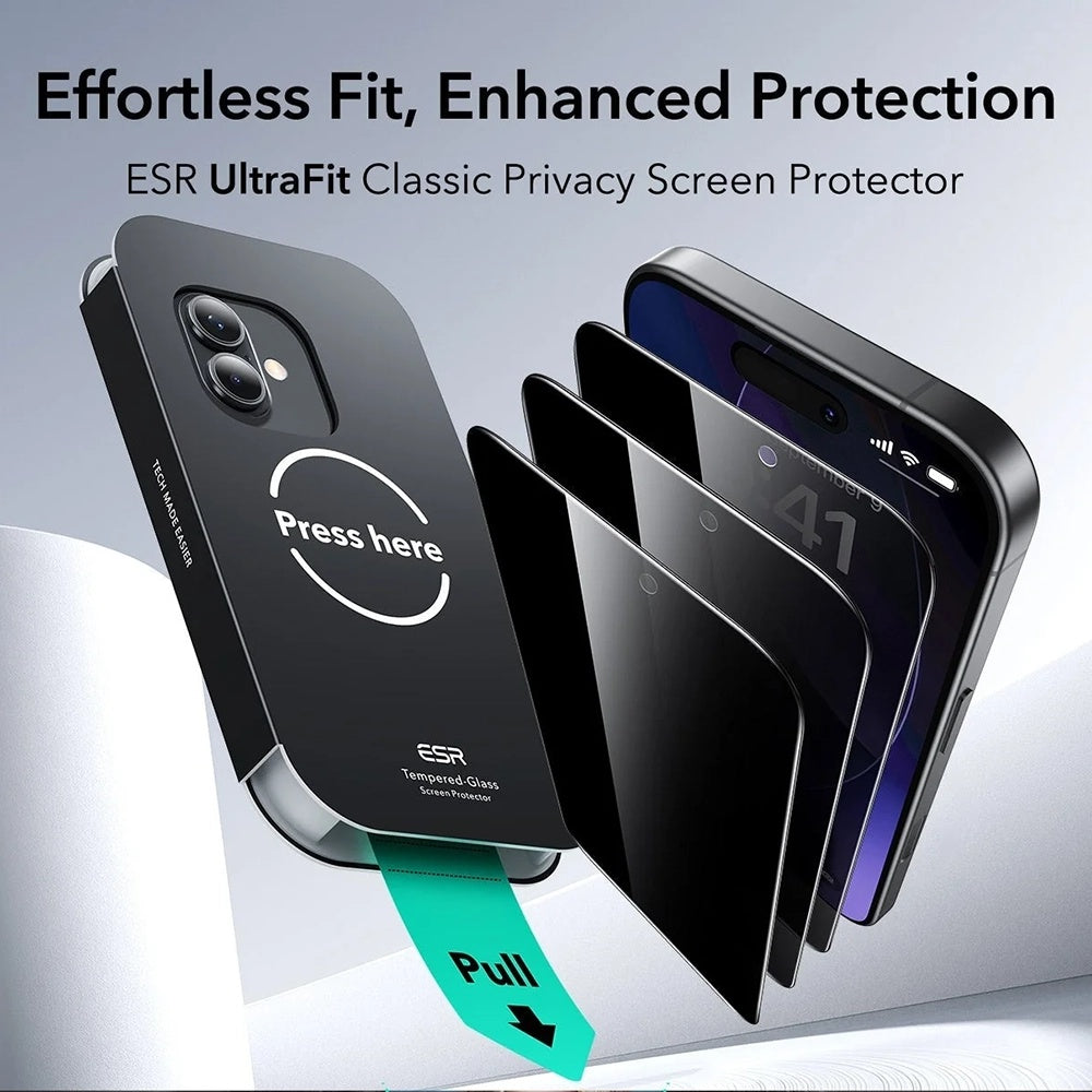 Skärmskydd Privacy ESR UltraFit för Apple iPhone 17 / 16 Pro, Härdat Glas, Full Lim, Set om 3 stycken