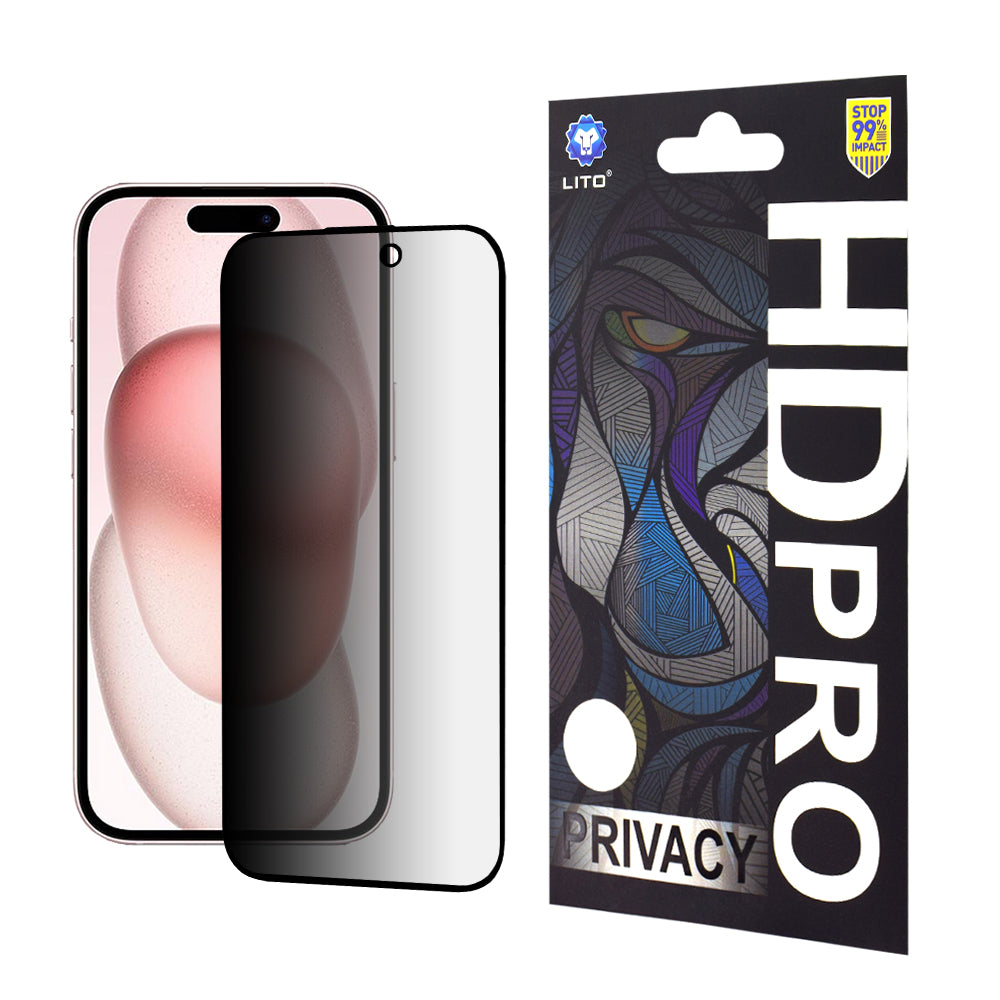 Privacy Screen Protector Lito HD Pro for Apple iPhone 15, Tempered Glass, Full Glue