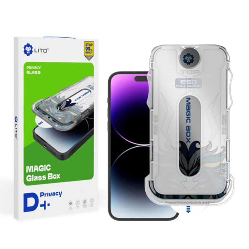 Privacy Screen Protector Film Lito Magic Glass Box D+ Tools for Apple iPhone 14 Plus / 13 Pro Max, Tempered Glass, Full Glue