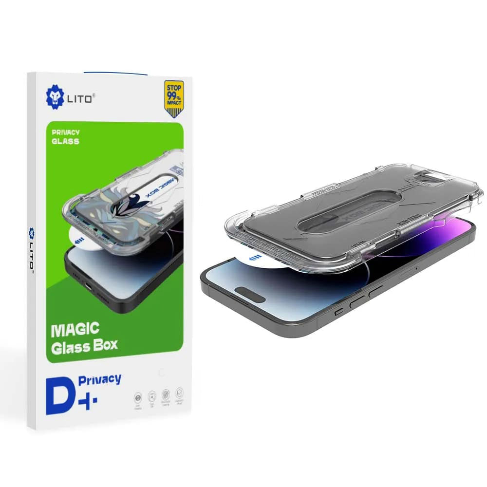 Privacy Screen Protector Film Lito Magic Glass Box D+ Tools for Apple iPhone 14 Plus / 13 Pro Max, Tempered Glass, Full Glue