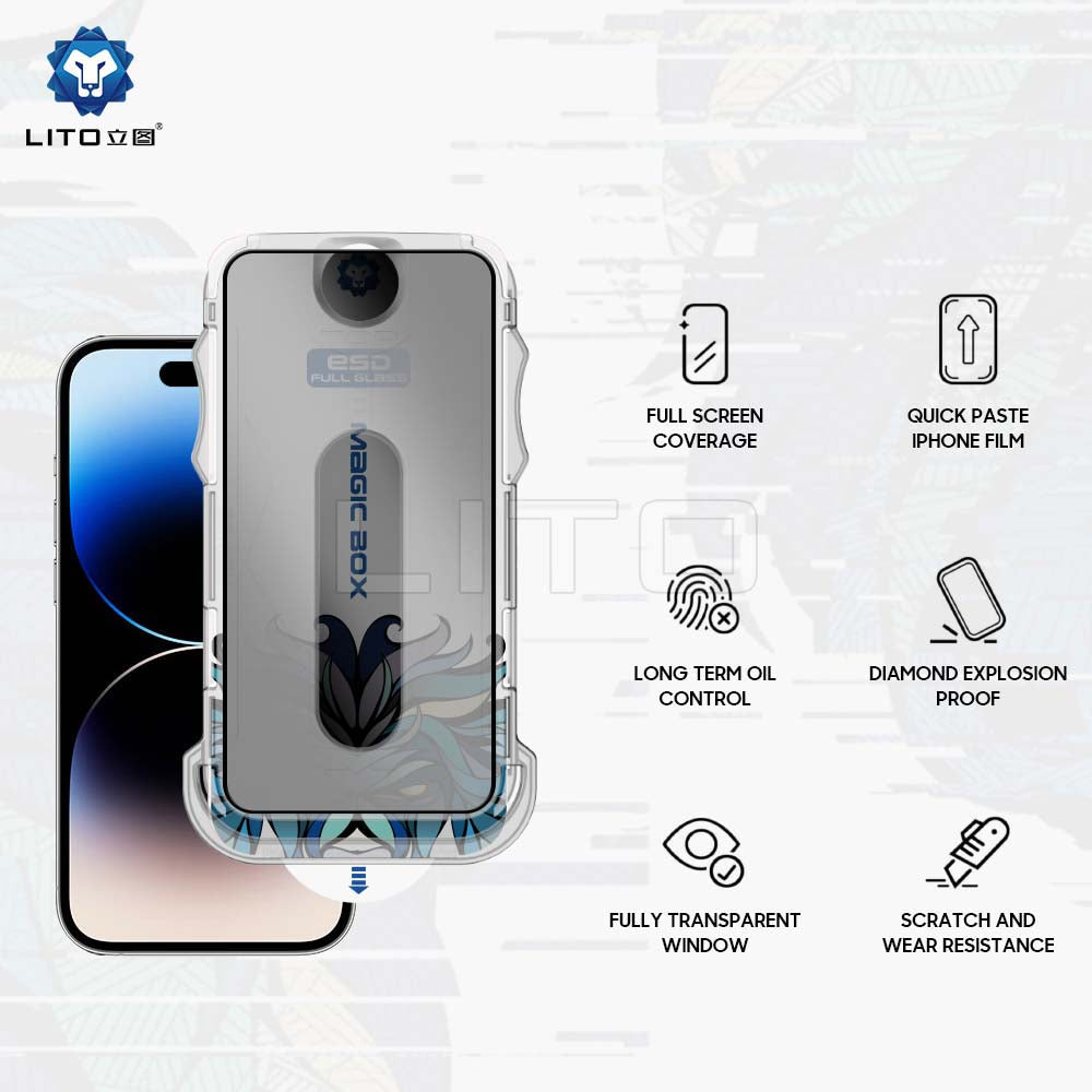 Privacy Screen Protector Film Lito Magic Glass Box D+ Tools for Apple iPhone 14 Plus / 13 Pro Max, Tempered Glass, Full Glue