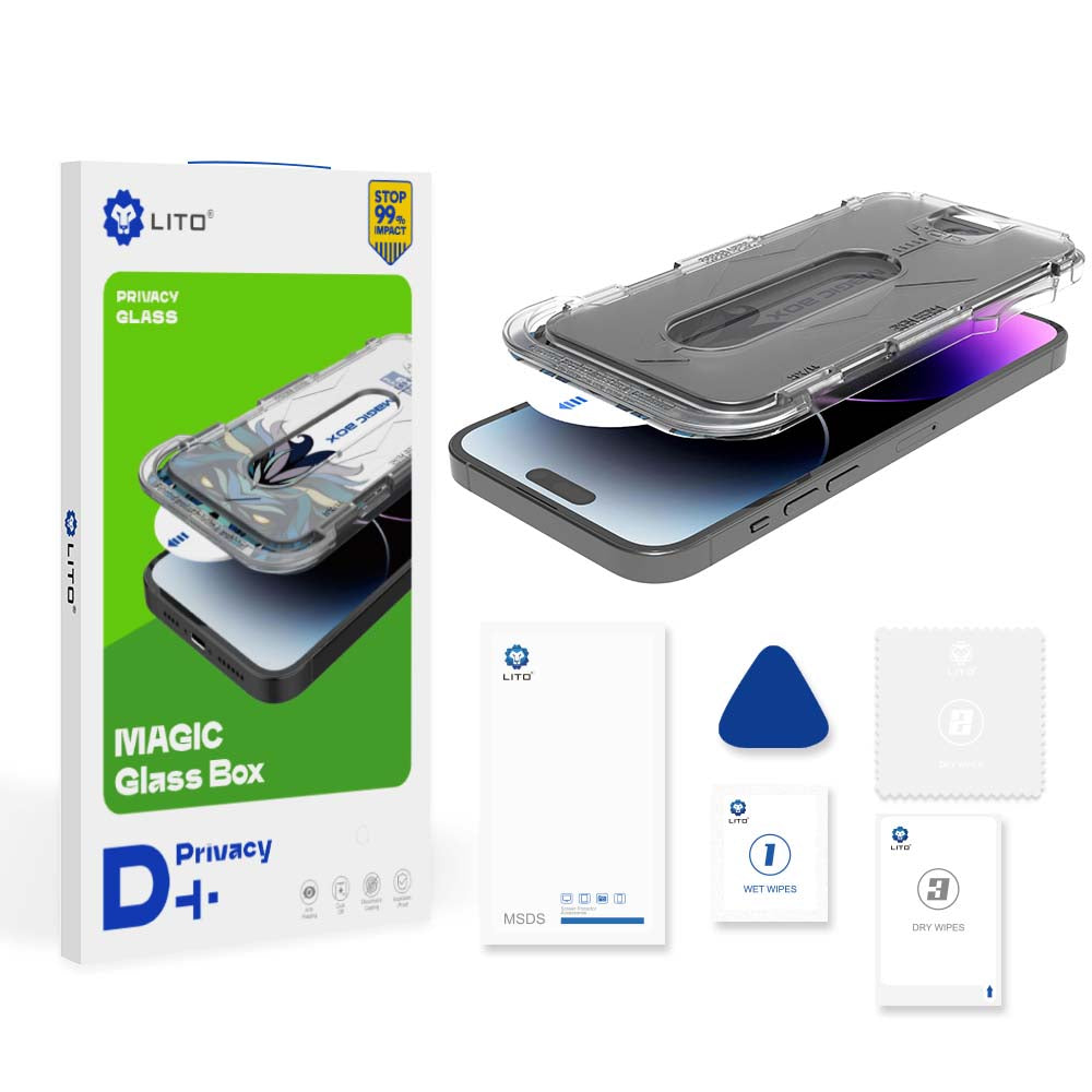 Privacy Screen Protector Film Lito Magic Glass Box D+ Tools for Apple iPhone 14 Plus / 13 Pro Max, Tempered Glass, Full Glue