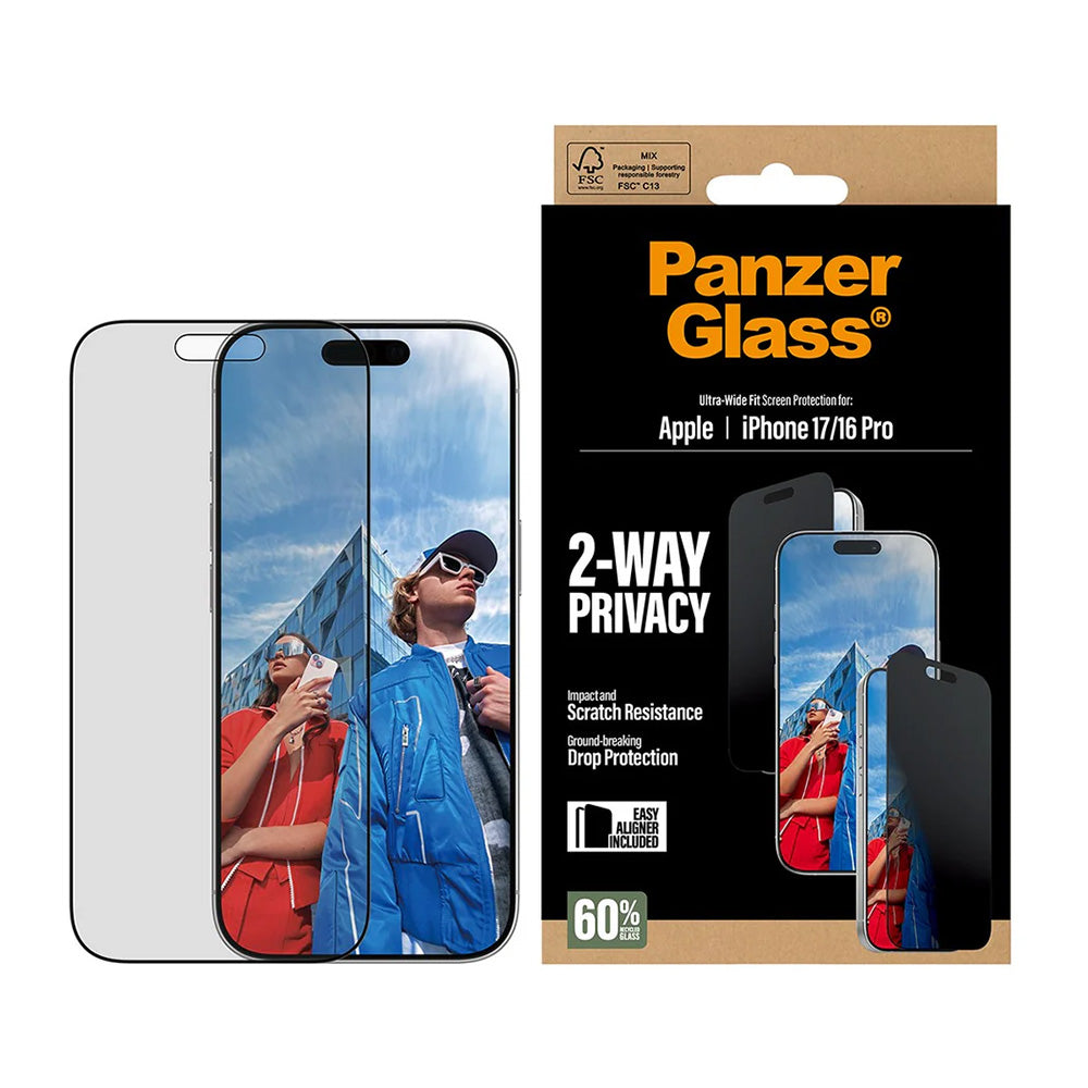 Skyddsfilm för skärm Privacy PanzerGlass Ultra-Wide Fit 2-Way EasyAligner för Apple iPhone 17 / 16 Pro, Härdat Glas, Full Lim
