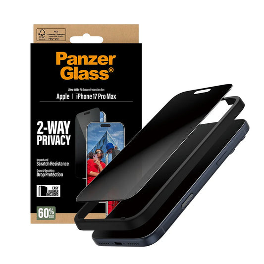 Skyddsfilm Privacy PanzerGlass Ultra-Wide Fit 2-Way EasyAligner för Apple iPhone 17 Pro Max, Härdat Glas, Full Lim