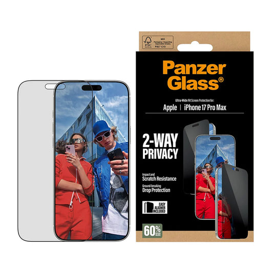 Skyddsfilm Privacy PanzerGlass Ultra-Wide Fit 2-Way EasyAligner för Apple iPhone 17 Pro Max, Härdat Glas, Full Lim
