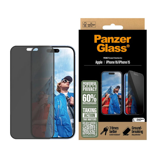 Skyddsfilm för skärm Privacy PanzerGlass Ultra-Wide Fit EasyAligner för Apple iPhone 16 / 15, Härdat glas, Full limning