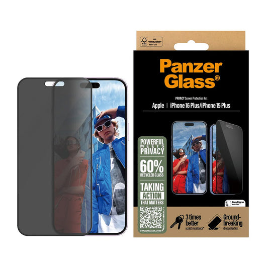 Skyddsfilm Privacy PanzerGlass Ultra-Wide Fit EasyAligner för Apple iPhone 16 Plus / 15 Plus, Härdat Glas, Full Lim