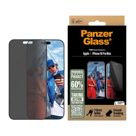 Skyddsfilm för skärm Privacy PanzerGlass Ultra-Wide Fit EasyAligner för Apple iPhone 16 Pro Max, Härdat glas, Full limning