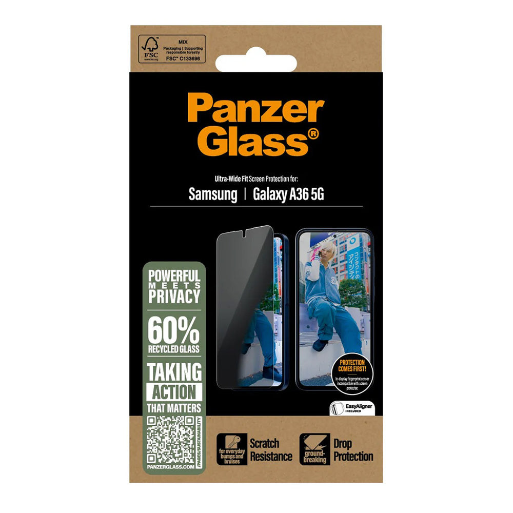 Skyddsfilm Privacy PanzerGlass Ultra-Wide Fit för Samsung Galaxy A36 A366, Härdat Glas, Full Lim