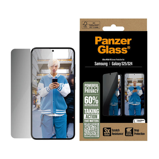 Skyddsfilm för skärm Privacy PanzerGlass Ultra-Wide Fit för Samsung Galaxy S25 S931 / S24 S921, Härdat Glas, Full Limning