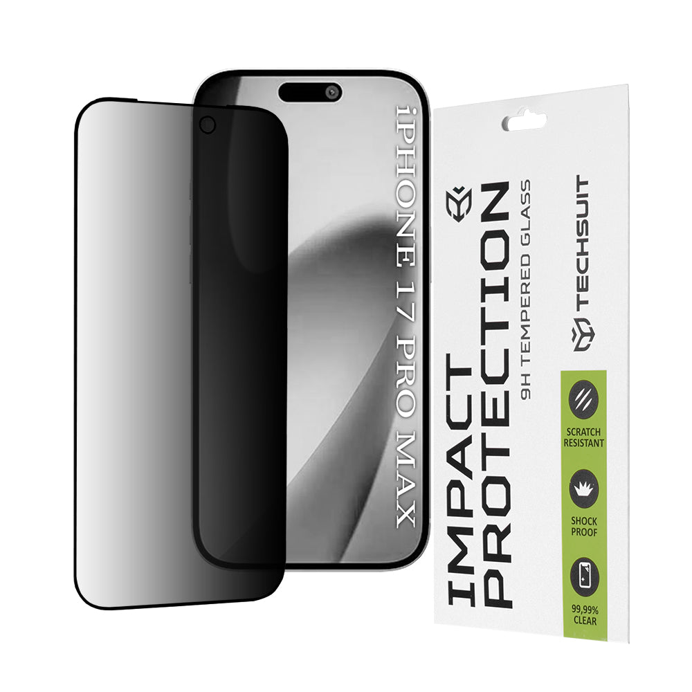 Skärmskydd Privacy Techsuit för Apple iPhone 17 Pro Max, Härdat Glas, Full Glue, 111D