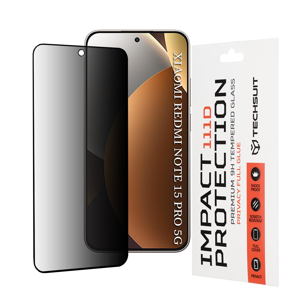 Skärmskydd Privacy Techsuit för Xiaomi Redmi Note 15 Pro 5G, Härdat Glas, Full Glue, 111D